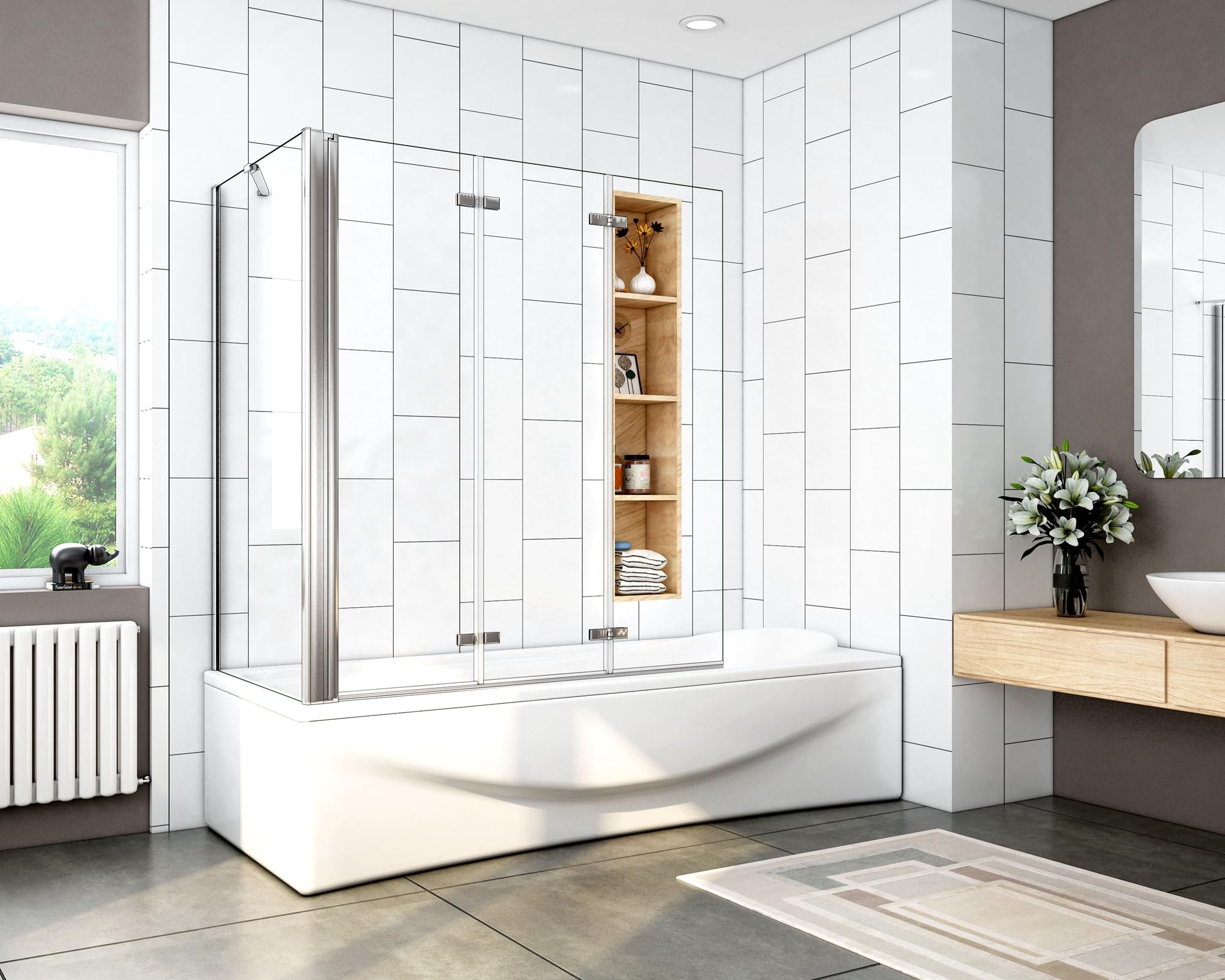 AICA Mampara de Bañera Abatible 3 Hojas con un Panel Fijo Cristal Antical 6mm 3 veces plegable Tamaño:(1193-1213) x(678-698) x1400mm