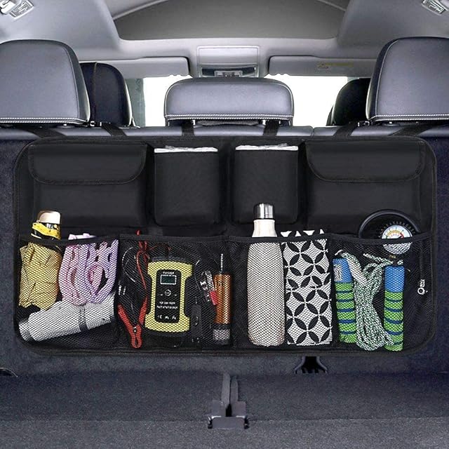 MGDAM Car Boot Organiser Waterproof Kick Mats Car Organiser Seat Back Protectors, Multi-Pocket Children's Travel Storage, Durable Foldable Cargo Net Storage for Car Backseat Cover (Large)