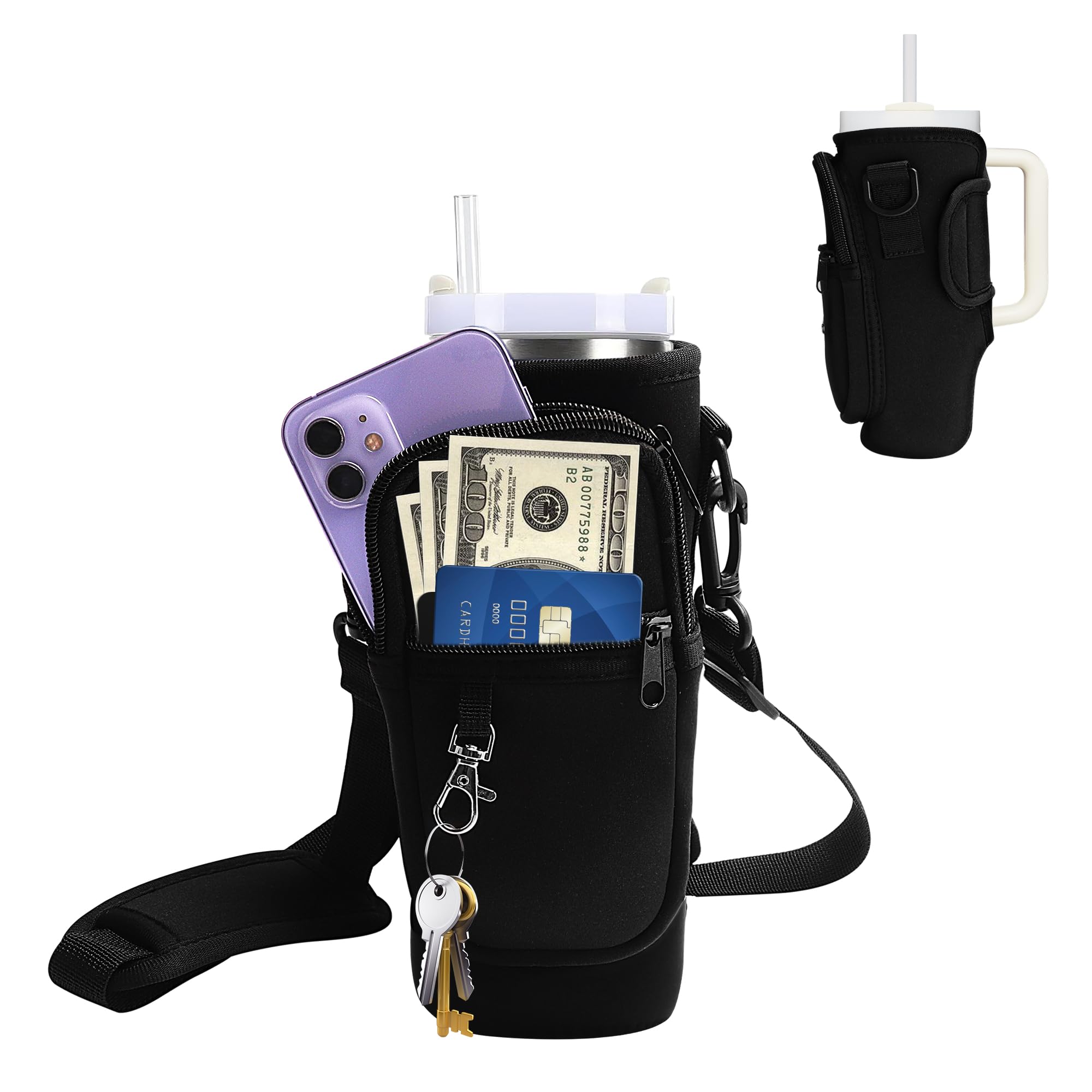 Water Bottle Carrier Bag for Stanley 30oz, Water Bottle Holder with Strap, Bottle Sling with Phone Pocket for Tumbler with Handle, Neoprene Cup Bag Water Bottle Pouch, Stanley Cup Accessories