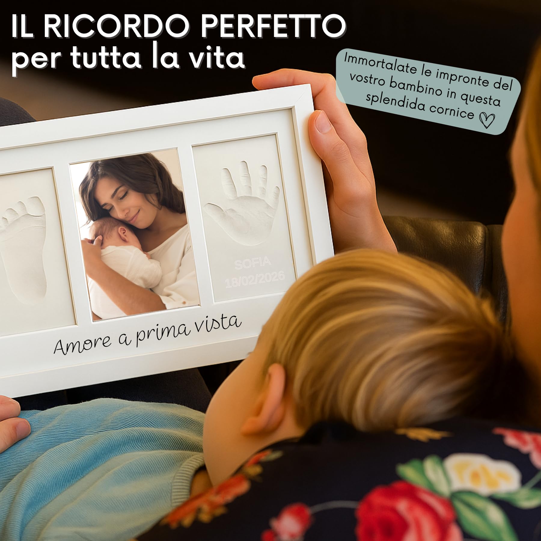 Kit impronte neonato con argilla e cornice per calco mani e piedi, idea regalo nascita o battesimo, ricordo originale bianco