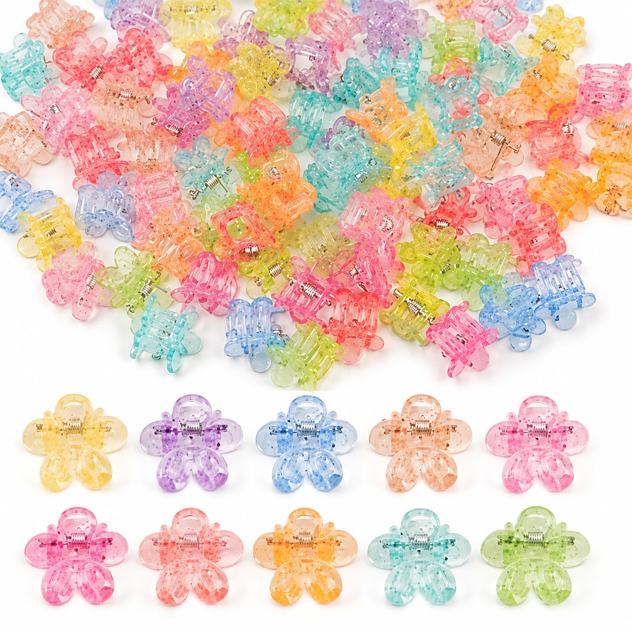 100PCS Mini Flower Hair Clips for Women Girls Mini Claw Clips Cute Jaw Clips Glitter Baby Hair Clip Small Hair Barrettes Strong Grip Hair Accessories for Hair Styling, Colorful