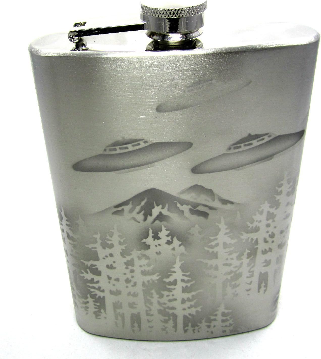 Hand Etched Stainless Steel Flask Sandblasted (Sand Carved) Upgraded 304 SS with Funnel (UFO Forest Mountain, 12 Ounce)