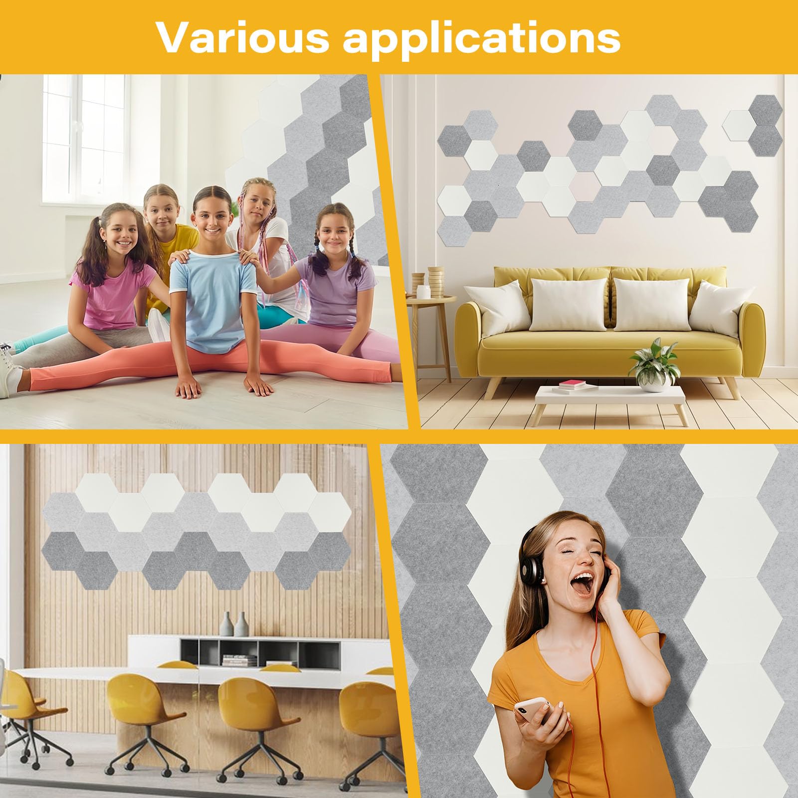 Paneles acústicos, paquete de 12 paneles de pared de 14 x 12 x 0.4 pulgadas, paneles acústicos de alta densidad que absorben el sonido con autoadhesivos, paneles hexagonales a prueba de