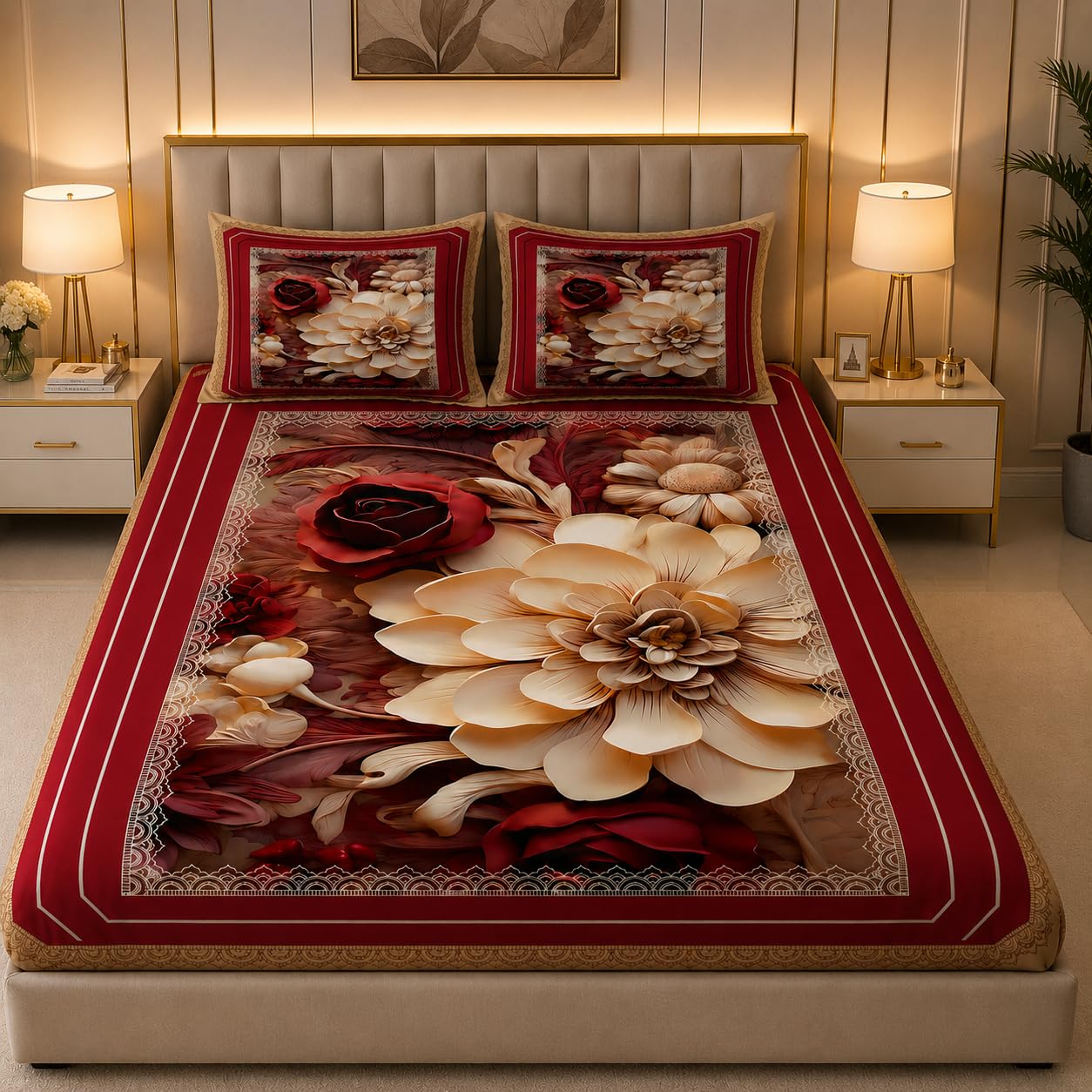 7d digital red flower print king size cotton bedsheet | with 2 pillow covers, 3d floral design, rose & dahlia print, lace border pattern, double bed set