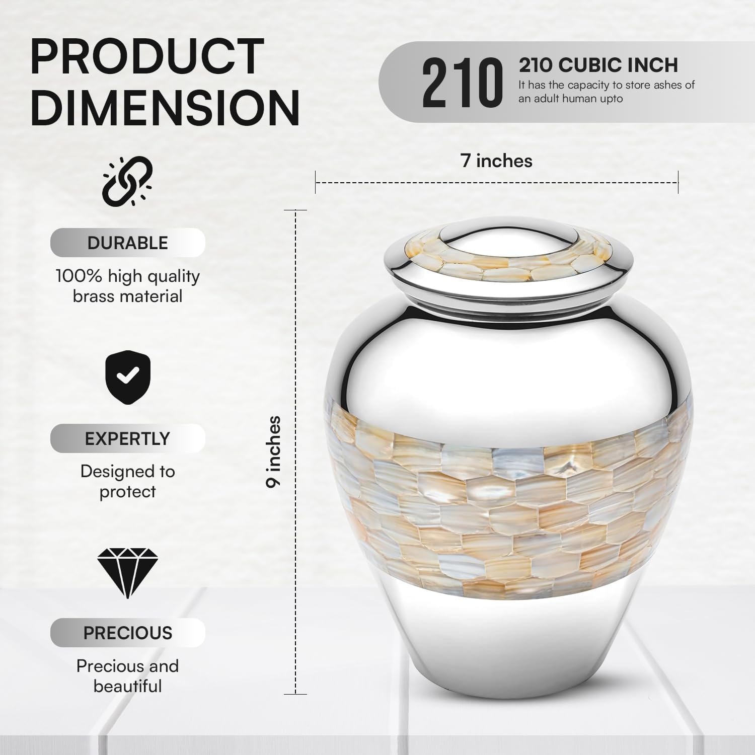 Brass Mother of Pearl Large Cremation Urns for Human Ashes Adult Size Male Female Funeral Memorial Urns for Mom Dad Son Men Women with Secured Lid Silver Finish 9" Inch 210 lbs with Velvet Bag