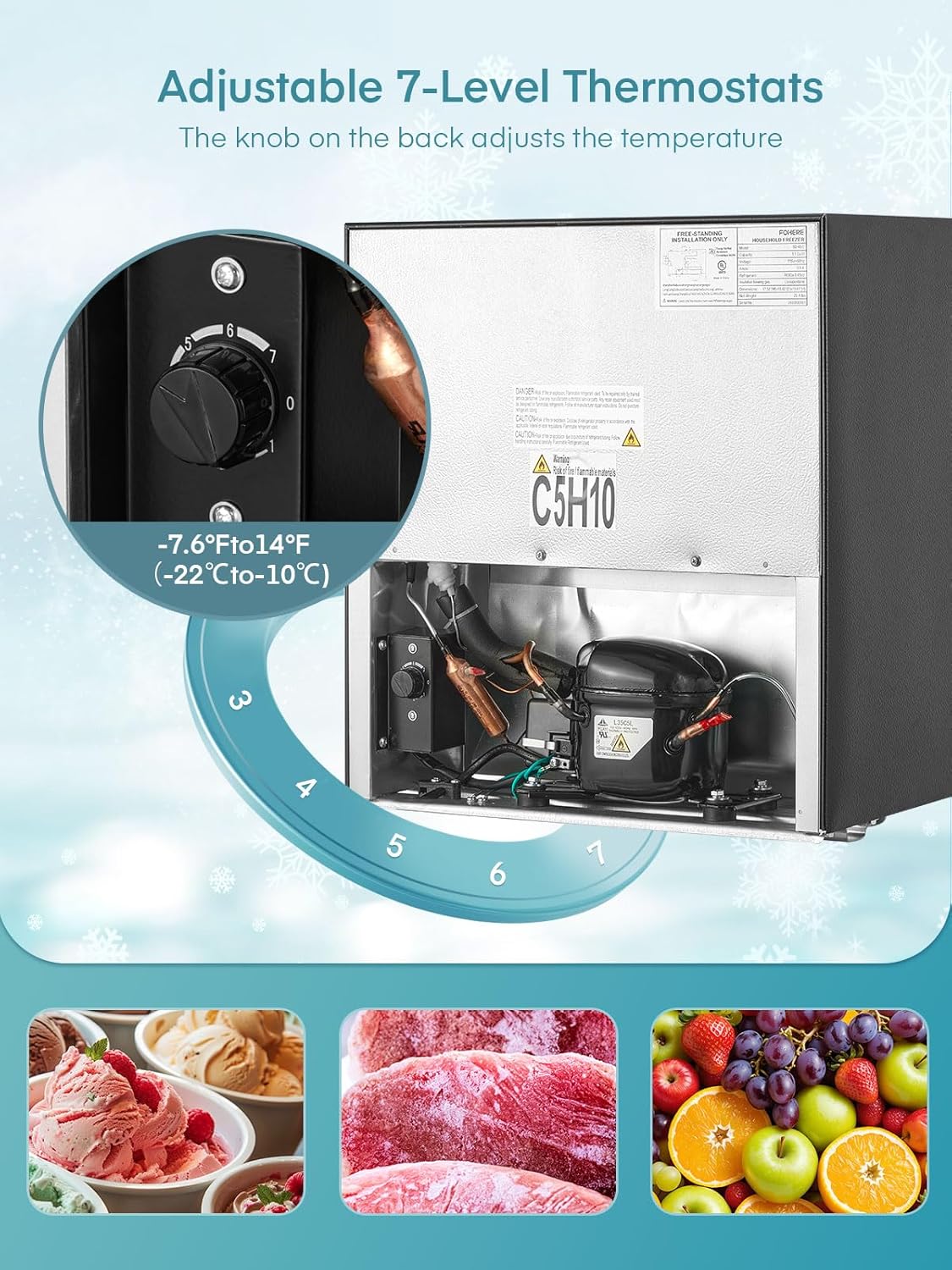 Close-up of the 7-level adjustable thermostat dial on the back of the freezer