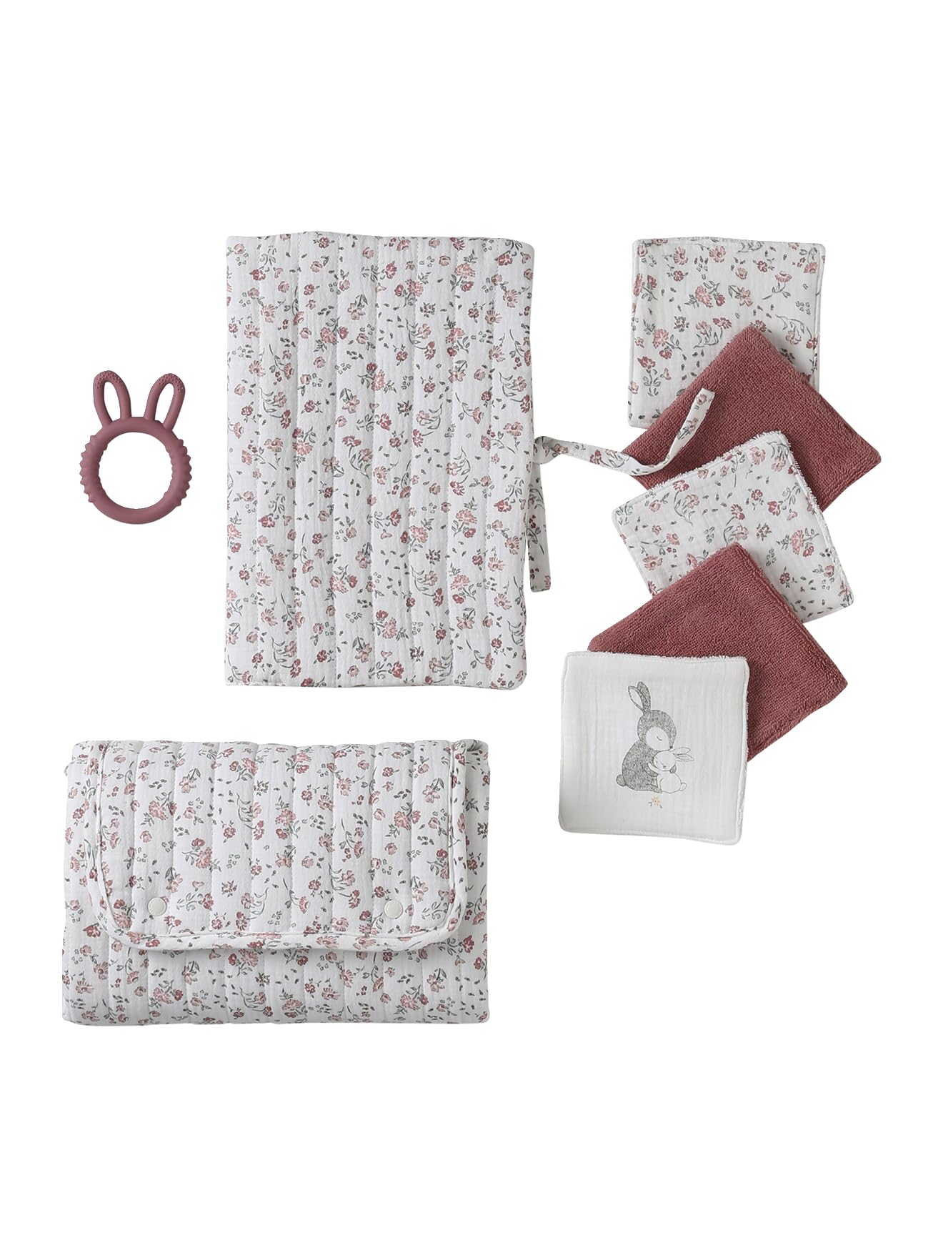 VERTBAUDETCoffret cadeau naissance 8 pièces : 1 hochet, 1 tapis à langer nomade, 5 lingettes, 1 pochetteblanc impriméTU
