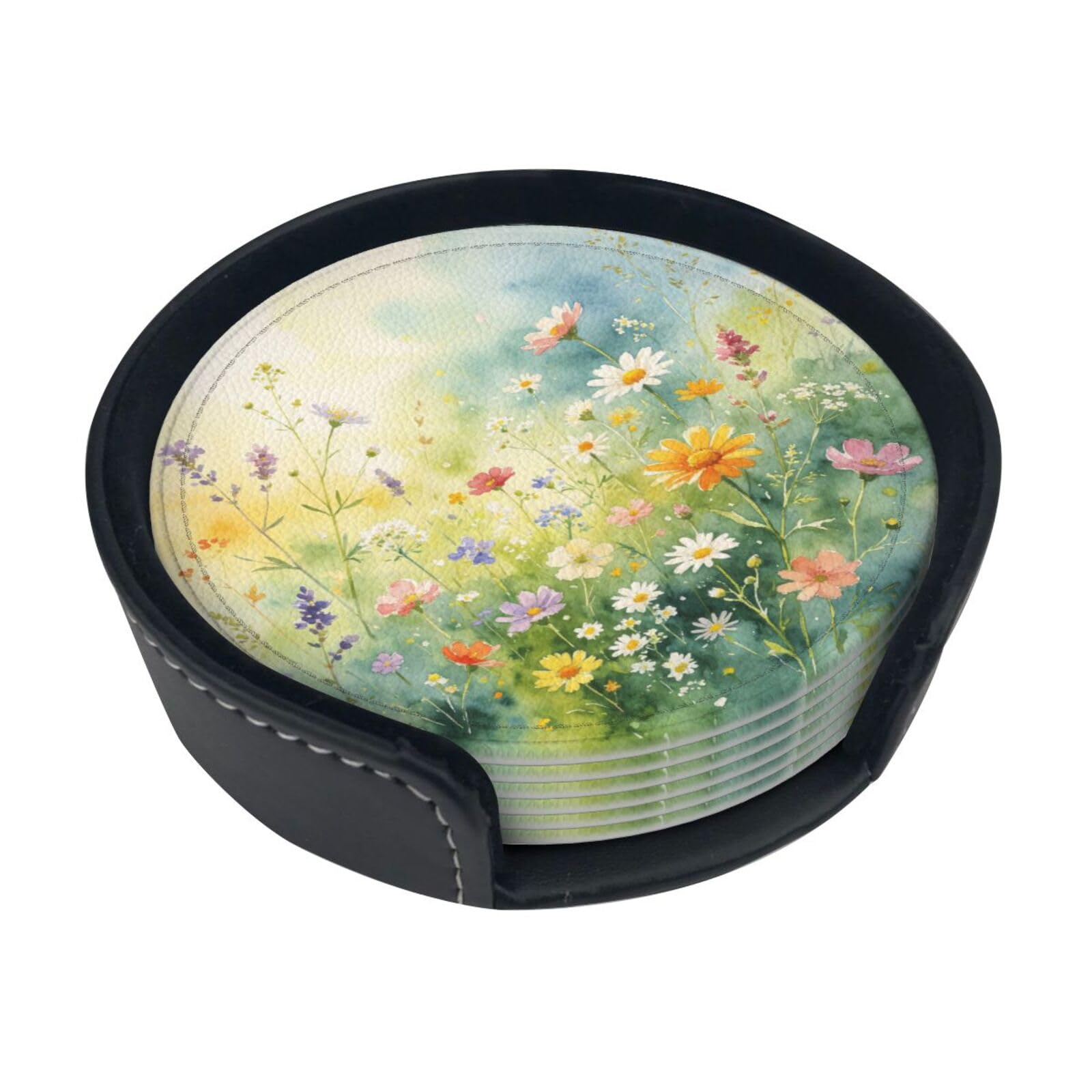 Cntdbu White Watercolor Wild Art Leather Coasters Set Of 6-Pu Leather Drink Mats For Table, Heat Resistant Round Coasters With Holder