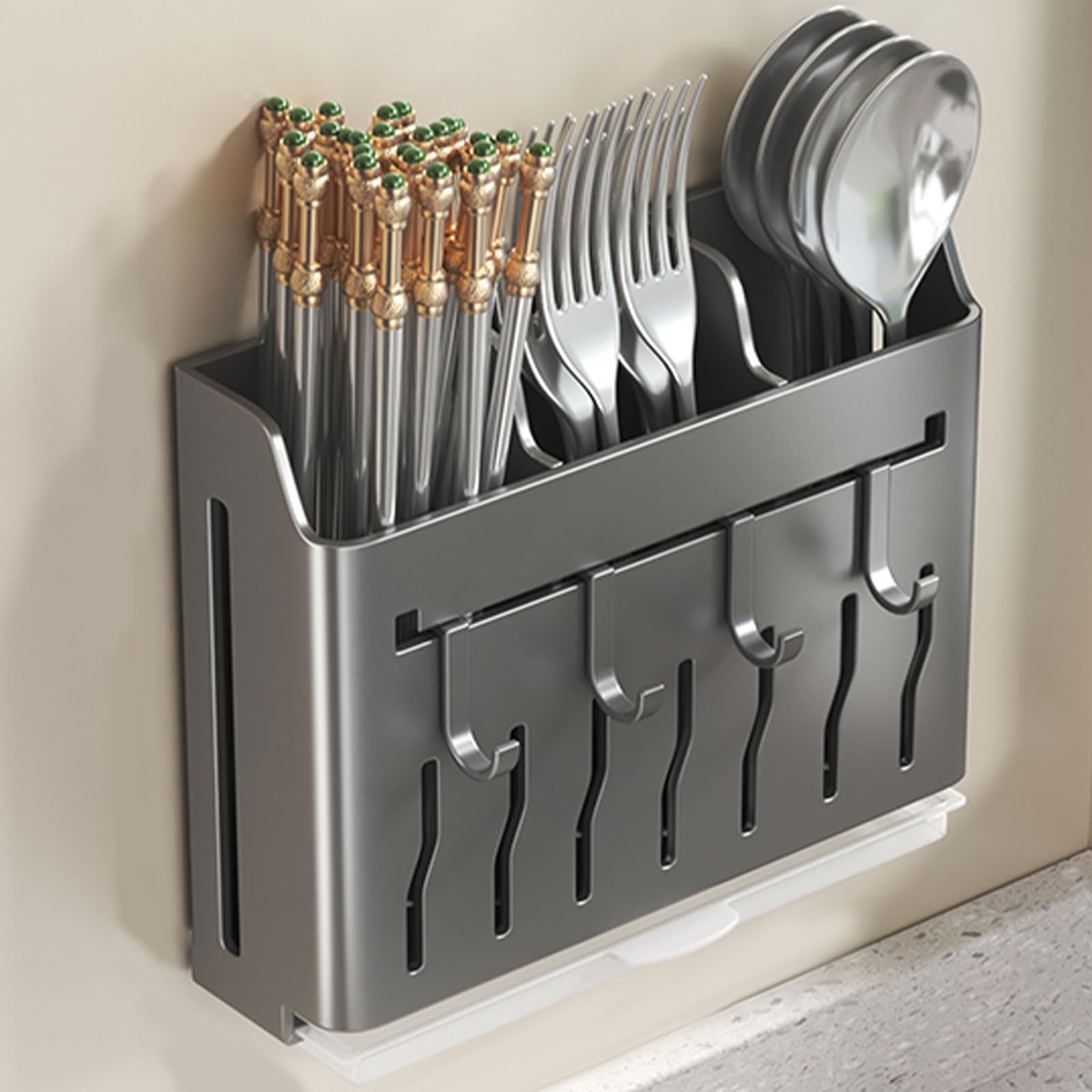 Dxcaicc Black Wall Mount Utensil Holder,Hanging Storage Organizer With Hooks,Knives Chopsticks Holder,Cutlery Silverware Holder Storage Caddy,For Forks,Spoons,Towel,,B