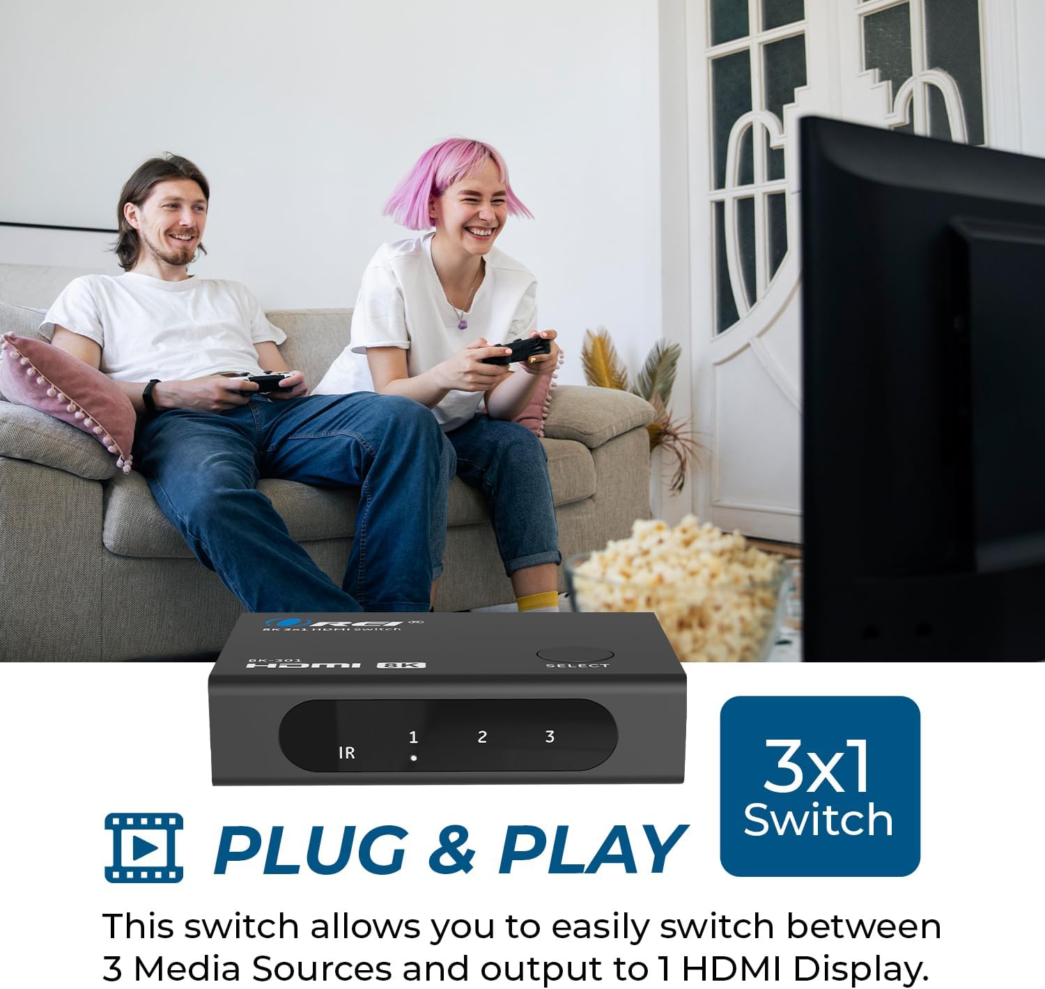 ດ້ານໜ້າ ແລະ ດ້ານຫຼັງ view of the OREI BK-301 HDMI Switcher showing ports and indicators