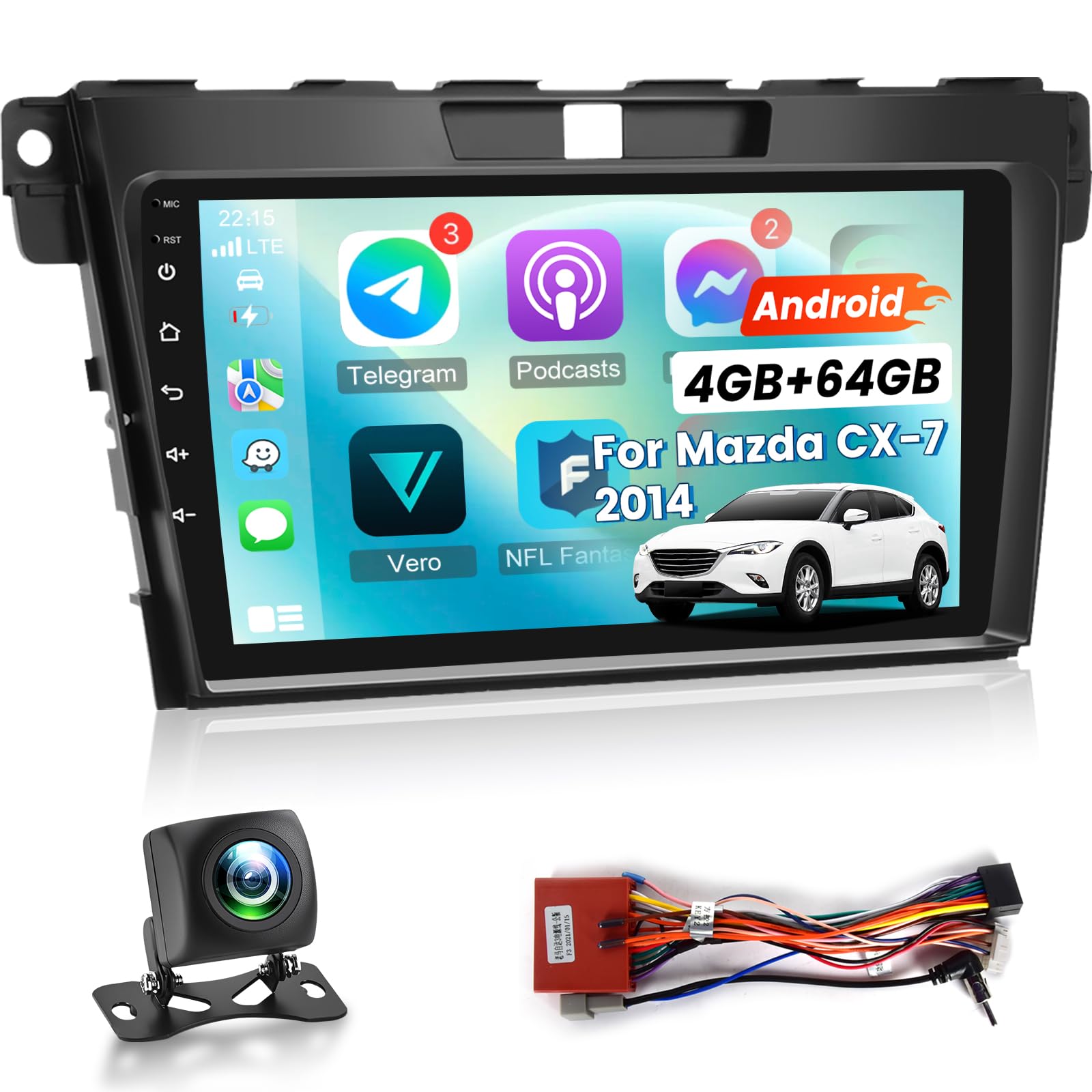4g+64g car radio for mazda cx-7 cx7 cx 7 2007 2008-2014 - wireless carplay & android auto - 9 inch android 13 stereo with 32 eq dsp, 5g wifi, gps, swc + ahd rear view camera