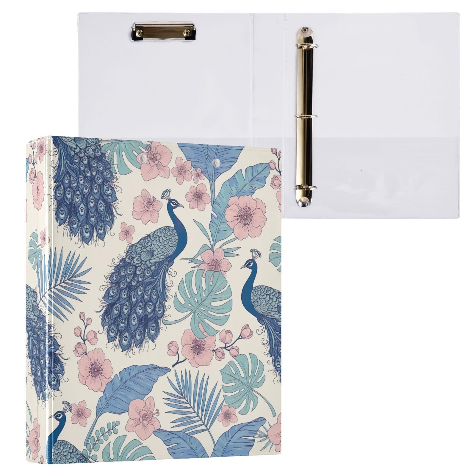Carpeta de 3 anillos, elegante carpeta de anillos en D de pavos reales, color azul, verde azulado, pastel, paquete de 2 | Con portapapeles y bolsillos, para escuela, universidad, oficina