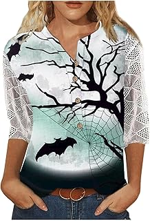 Lace 3/4 Sleeve Tops for Women 2023 Halloween Costumes for Women Casual Plus Size Shirts Pumpkin Print Shirts Ladies Autumn Round Neck Button Tops Pullover Comfy Blouse Fashion Graphic Shirts