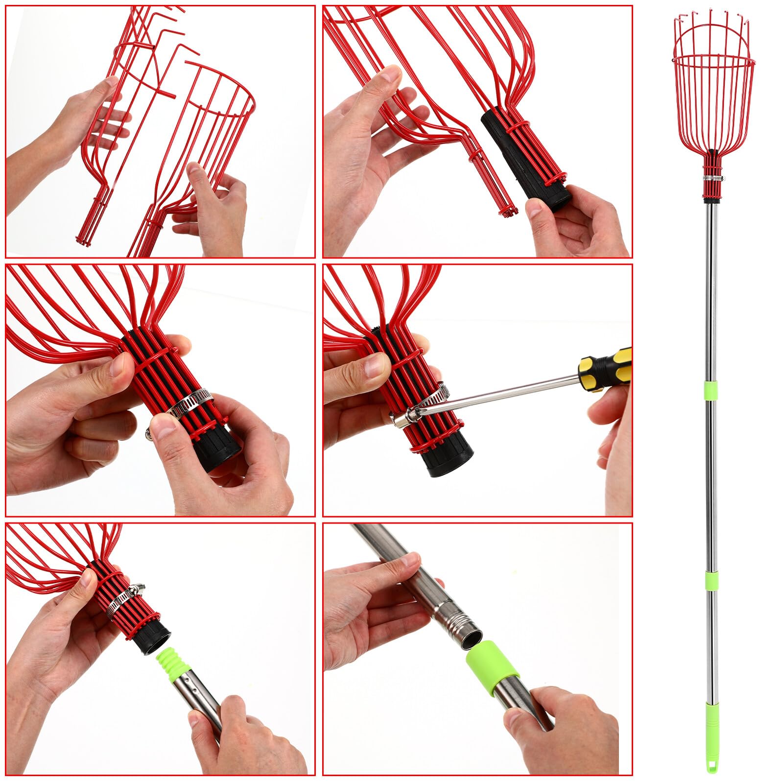Cueille-Fruits Télescopique en Acier Inoxydable 1,2 Mètre, Outil de Cueillette pour Arbres Fruitiers Panier Rembourré, Léger et Robuste, Ramasse Fruits pour Orangers et Poiriers
