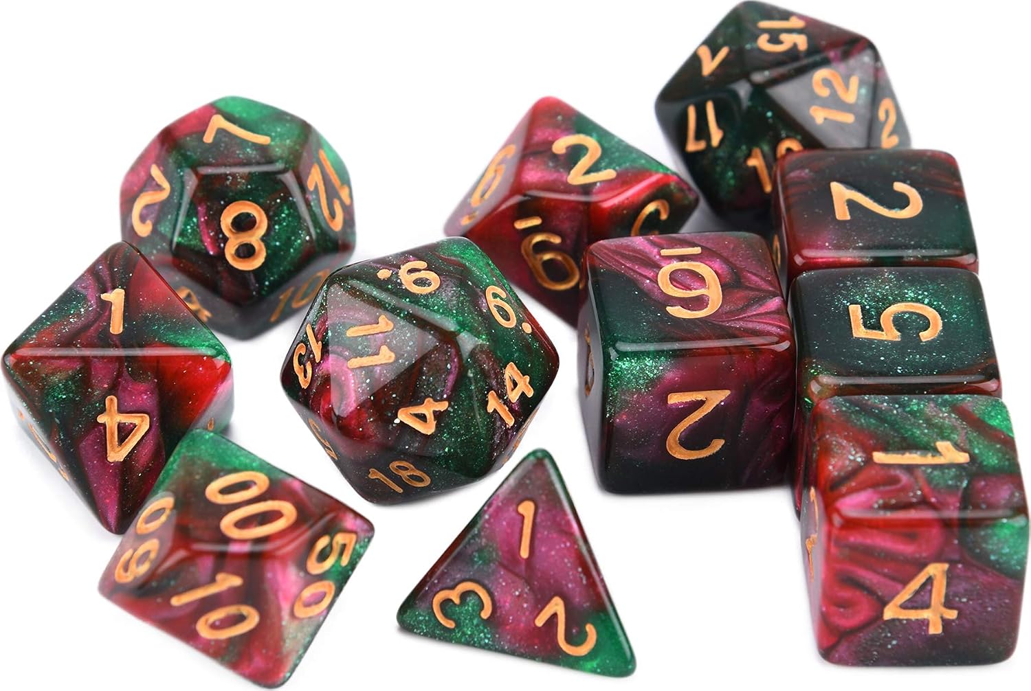 Red Green Glitter Dice 11 Piece RPG Set with Drawstring Bag for Dungeons and Dragons 5e DND Tabletop Games