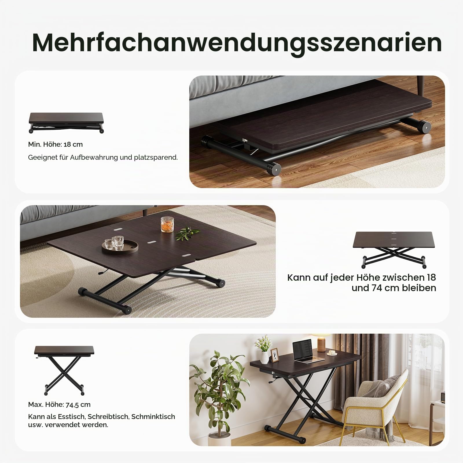 Aufklappbarer und ausziehbarer Tisch, funktionaler Couchtisch für die Küche, Schwarznuss-Esstisch für Wohnzimmer und Salon, Schreibtisch, geeignet für kleine Esszimmer, Wohnzimmer, Küche