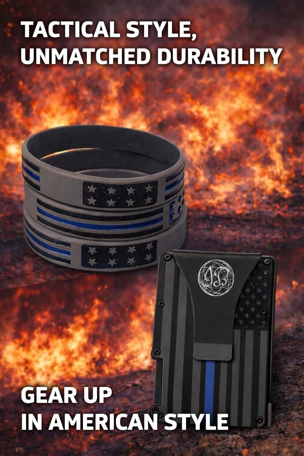 Black & Gray American Flag Engraved, Minimalist Wallet, RFID Blocking Aluminum Slim Wallet With Money Strap (Blue Line Clip with 3 V.Bands)