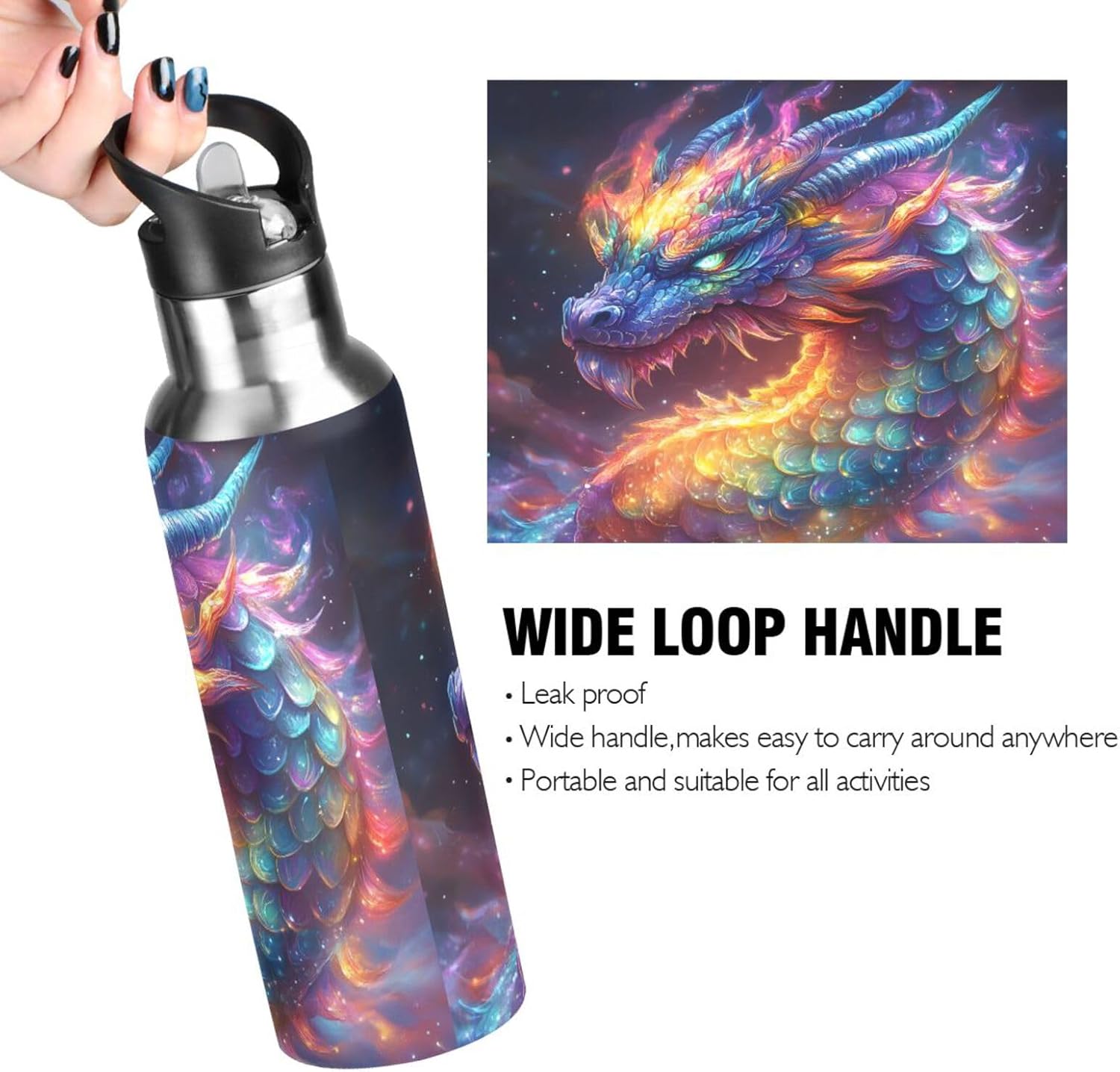 Colorful Rainbow Dragon Water Bottle with Straw Lid Kids Insulated Stainless Steel Water Flask Sports, 20 Oz Hot Cold