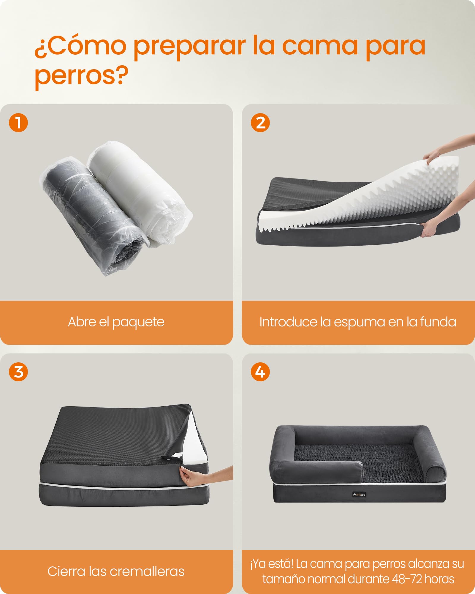 Feandrea Cama Ortopédica para Perros, Sofá, Cama para Mascotas, Acolchado Suave, Bordes Elevados, Funda Extraíble y Lavable, 122 x 85 x 20 cm, Antideslizante, Gris Osucro PGW078G01