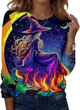 Halloween Shirts for Women Long Sleeve Plus Size Fashion Crewneck Comfortable Tshirts Halloween Costumes for Women