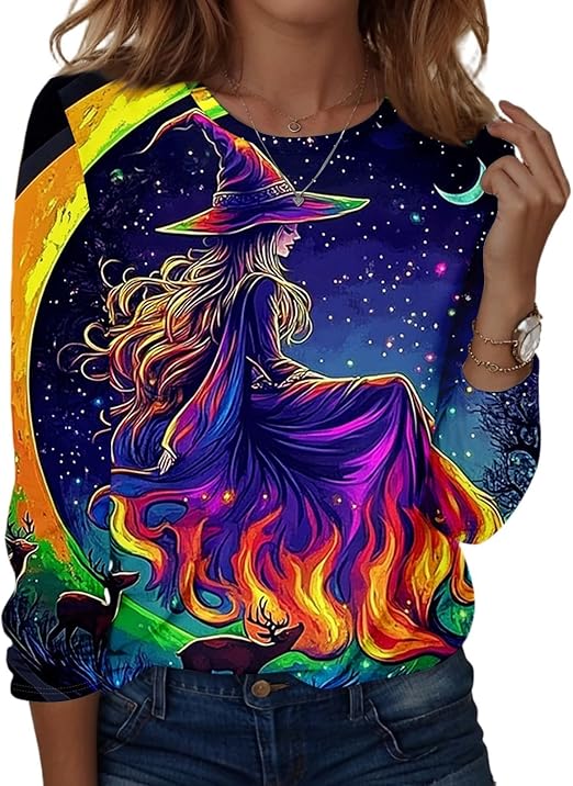 Halloween Shirts for Women Long Sleeve Plus Size Fashion Crewneck Comfortable Tshirts Halloween Costumes for Women
