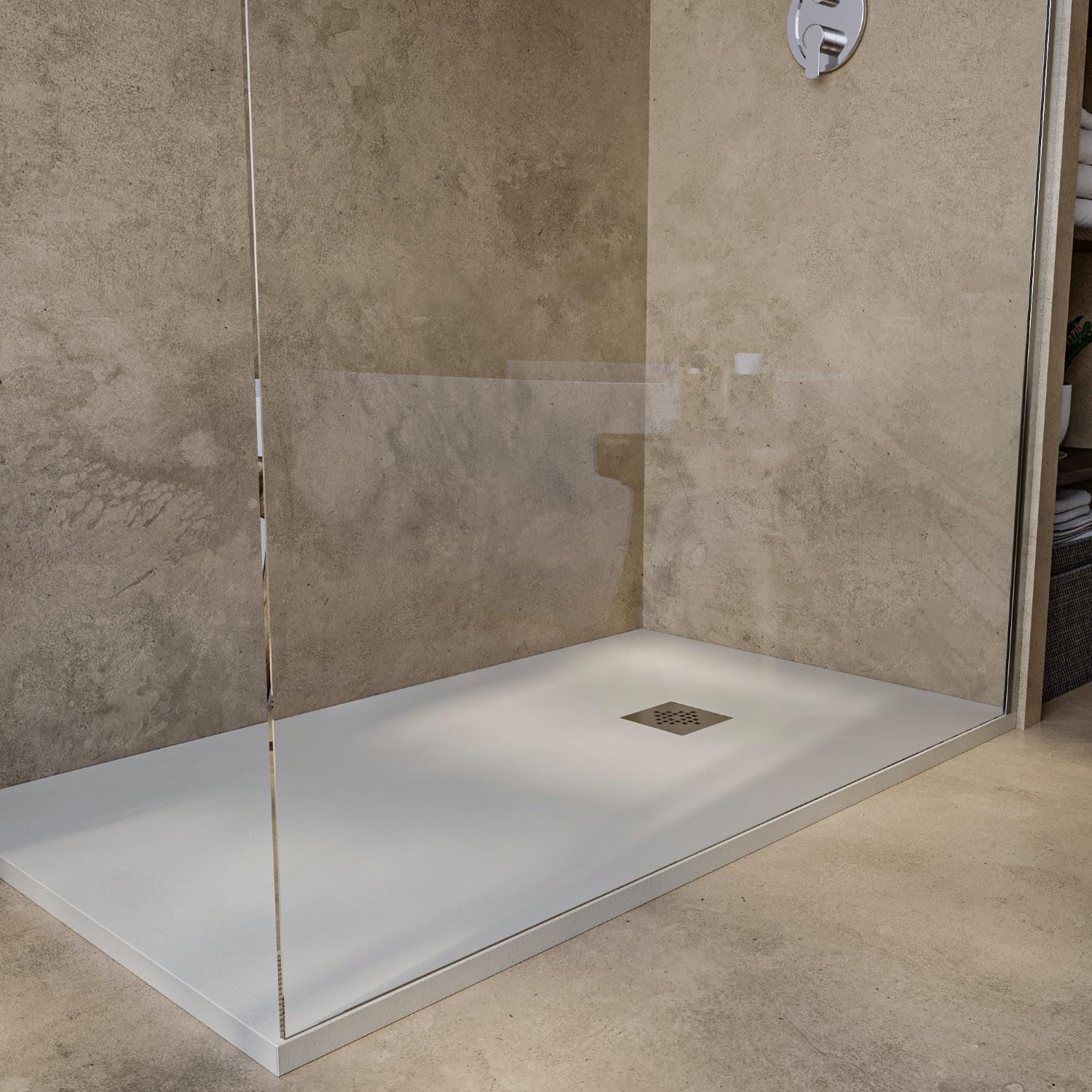 SoulHome Plato de Ducha Resina 220x100 Crema - Rejilla Standard | Antideslizante C3, Extraplano, Resina y carga mineral, Textura Liso Piedra, Antibacteriano, Gel-coat, Incluye válvula desagüe