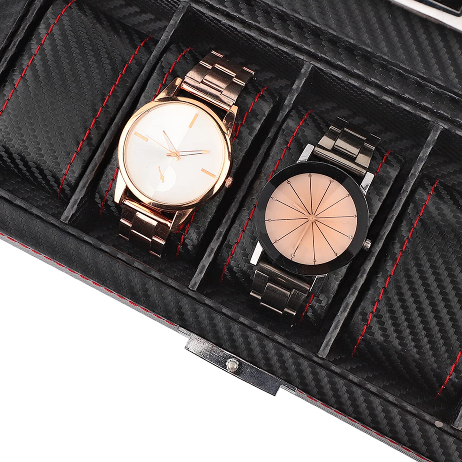 Caja para relojes de 5 compartimentos, estuche para relojes de fibra de carbono con costuras rojas, organizador de joyería de viaje para hombres y mujeres, almacena 5 relojes de