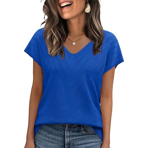 WIHOLL Short Sleeve Sweater for Women V Neck Trendy Summer Tops 2026 Beach Vacation Clothes Travel Business Casual Outfits