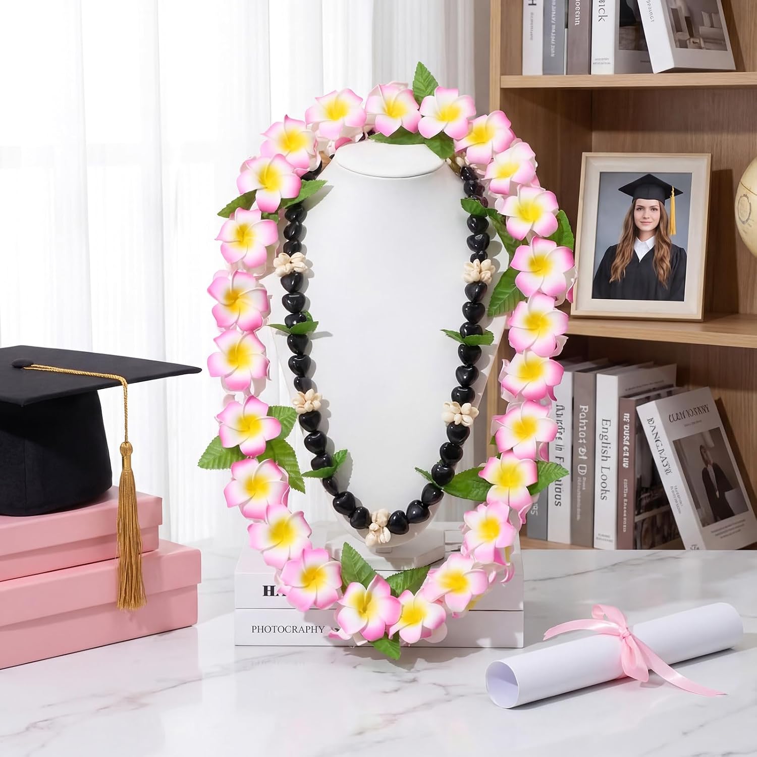 Yinder 2 Pcs Hawaiian Leis, 48" Artificial Plumeria Necklace, 32" Black Kukui Nut Leis Hawaiian Gift for Women Wedding Party