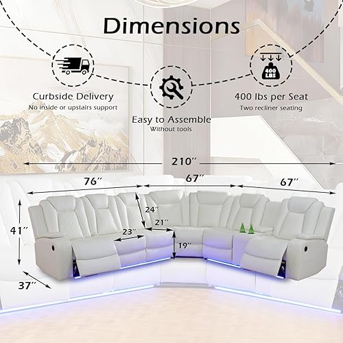 Miniatura 2 de Juego de sofá modular reclinable eléctrico para sala de estar, juego de sofá reclinable de cuero con luces LED / almacenamiento oculto, sofá en