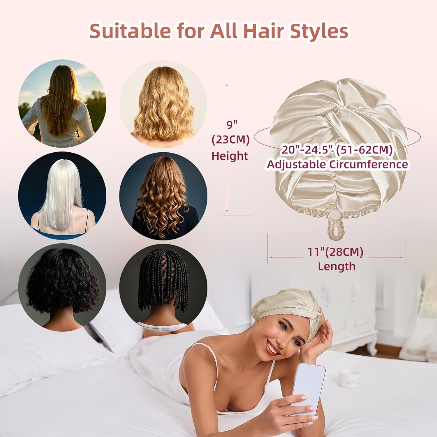 Adjustable Silk Satin Hair Bonnet for Sleeping Women, Double Layer, Silk Hair Wrap for Sleeping Women Men, Curly Natural Braid Straight Unisex - Champagne - Image 6
