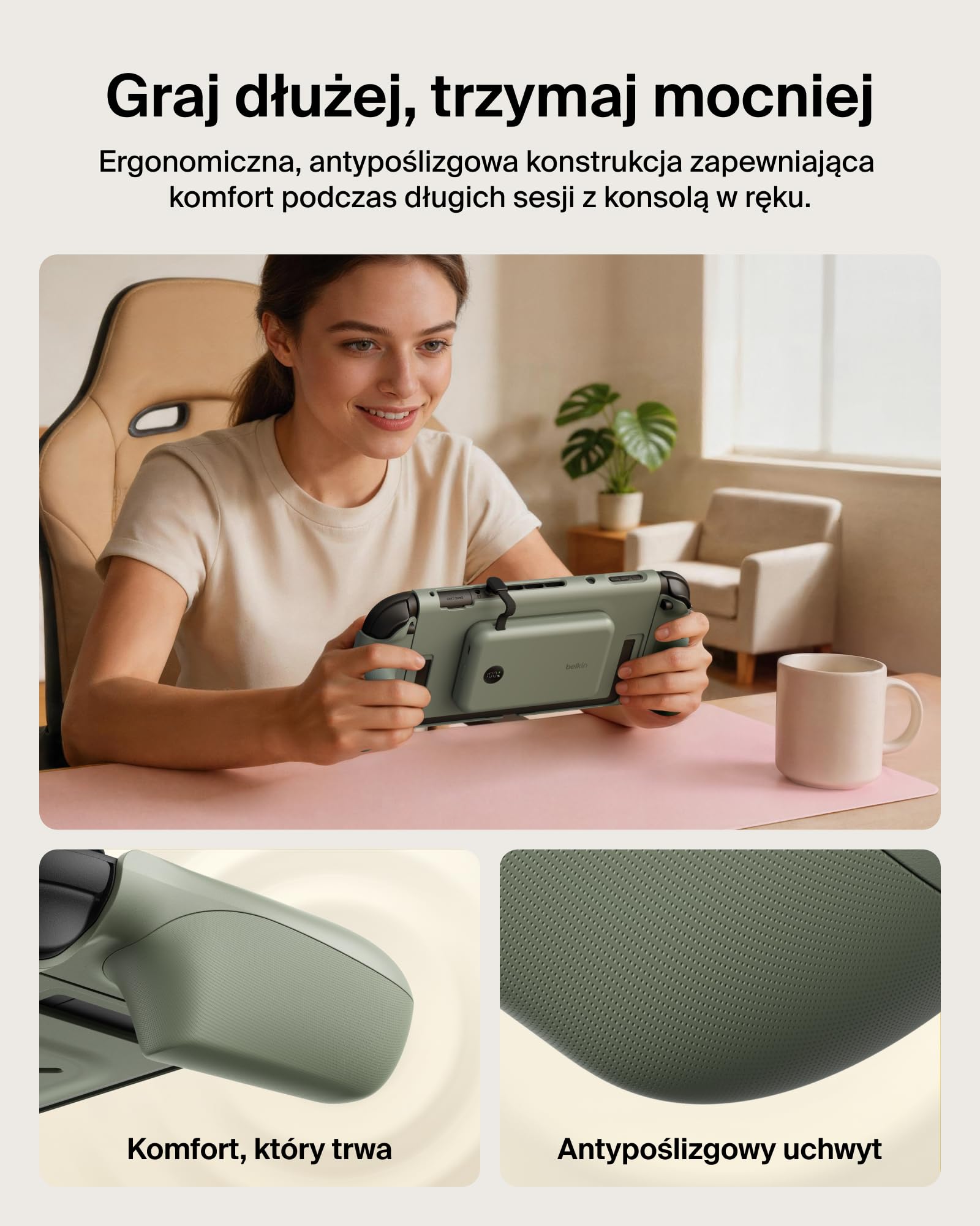 Belkin Gaming Uchwyt Ładujący do Nintendo Switch 2, 10 000 mAh – Zielony | Odłączany Powerbank Magnetyczny 10 000 mAh, 30 W, Zgodny z Podpórką, Ergonomiczny Uchwyt Antypoślizgowy, Wyświetlacz