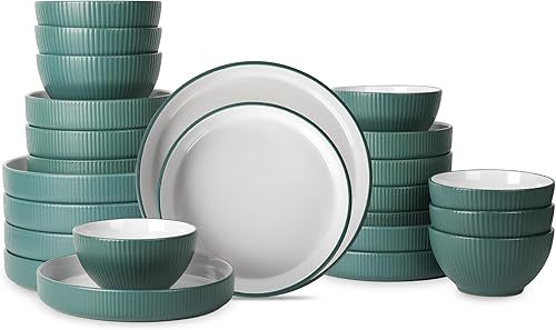 Christian Siriano Larosso - Vajilla de 24 piezas con cuencos y cuencos para pasta, cerámica, color verde