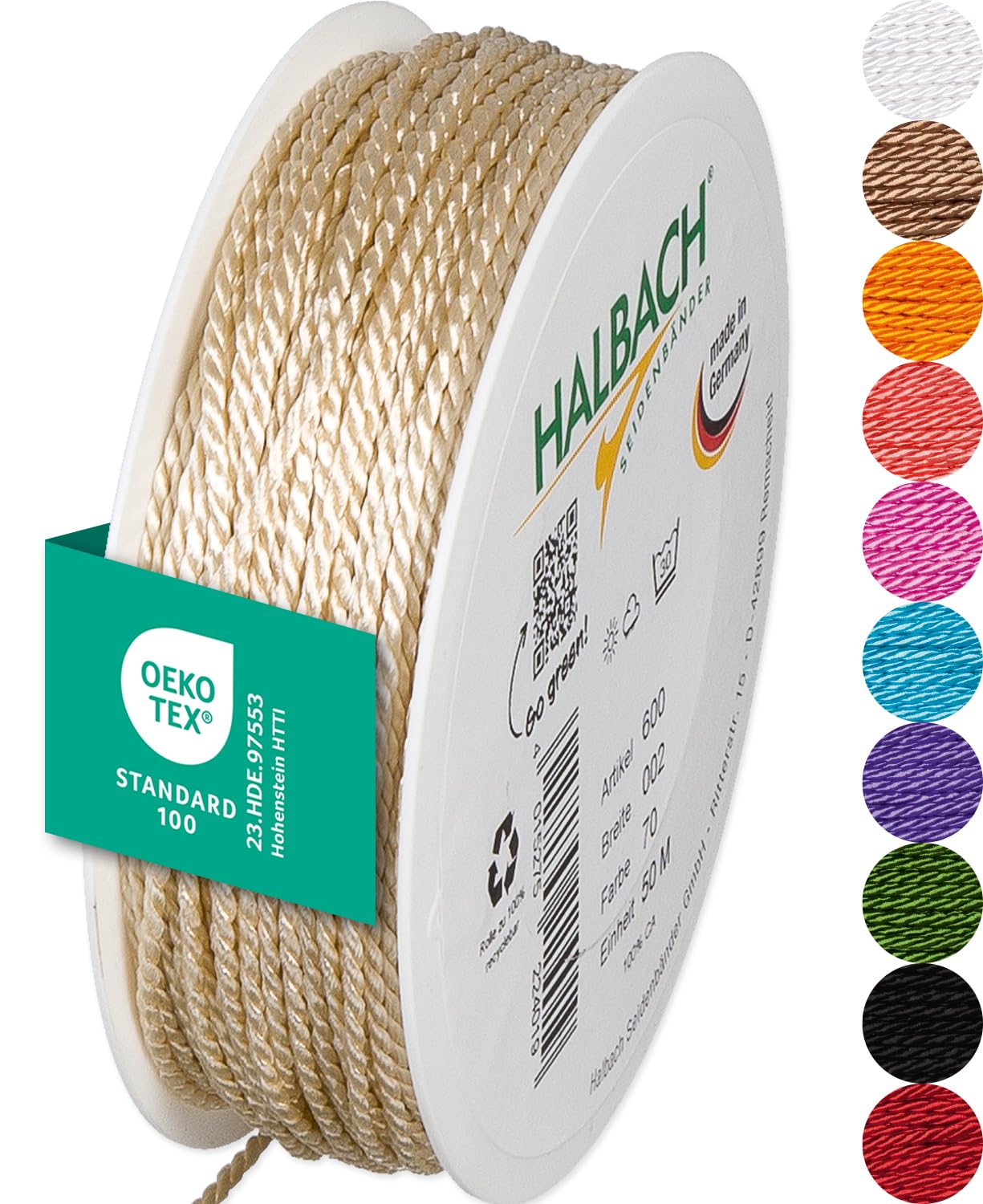 Halbach Seidenbänder Premium Kordel (Creme) | Breite 2mm Länge 50m | Made in Germany & Öko-Tex Zertifiziert | glänzende Satinkordel aus Acetat