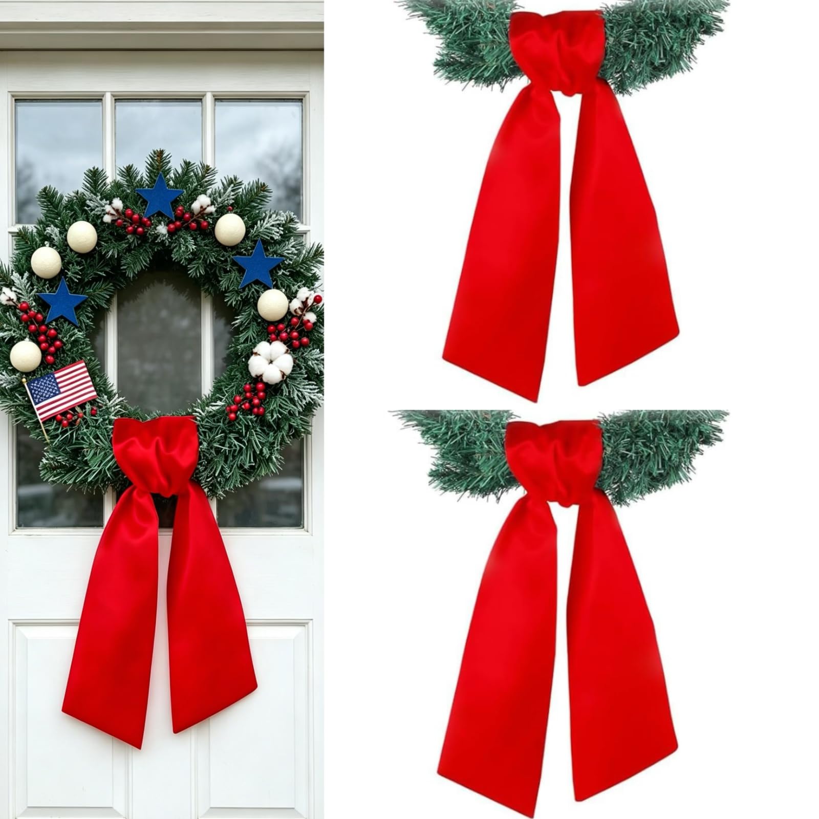 Dream Loom Wreath Sash for Front Door, 2 Pcs Red Wreath Sash Accessories Decor for Xmas Party Yard Doorway Indoor Outdoor Wall