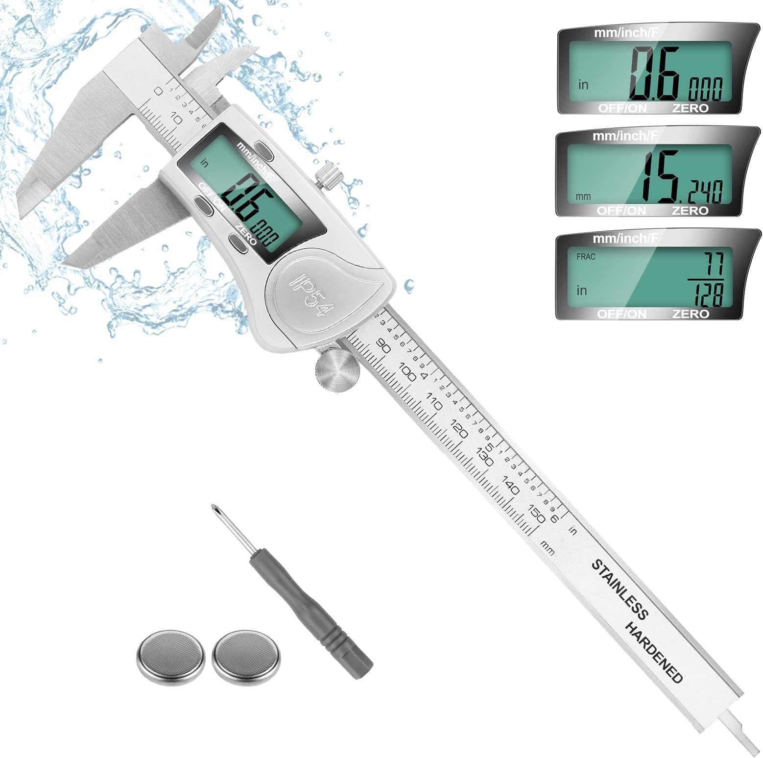 Excefore Digital Caliper, Calipers 6 Inch Measuring Tool with Stainless Steel, IP54 Splash Proof Protection Design, Easy Switch from Inch to Millimeter, Large Screen