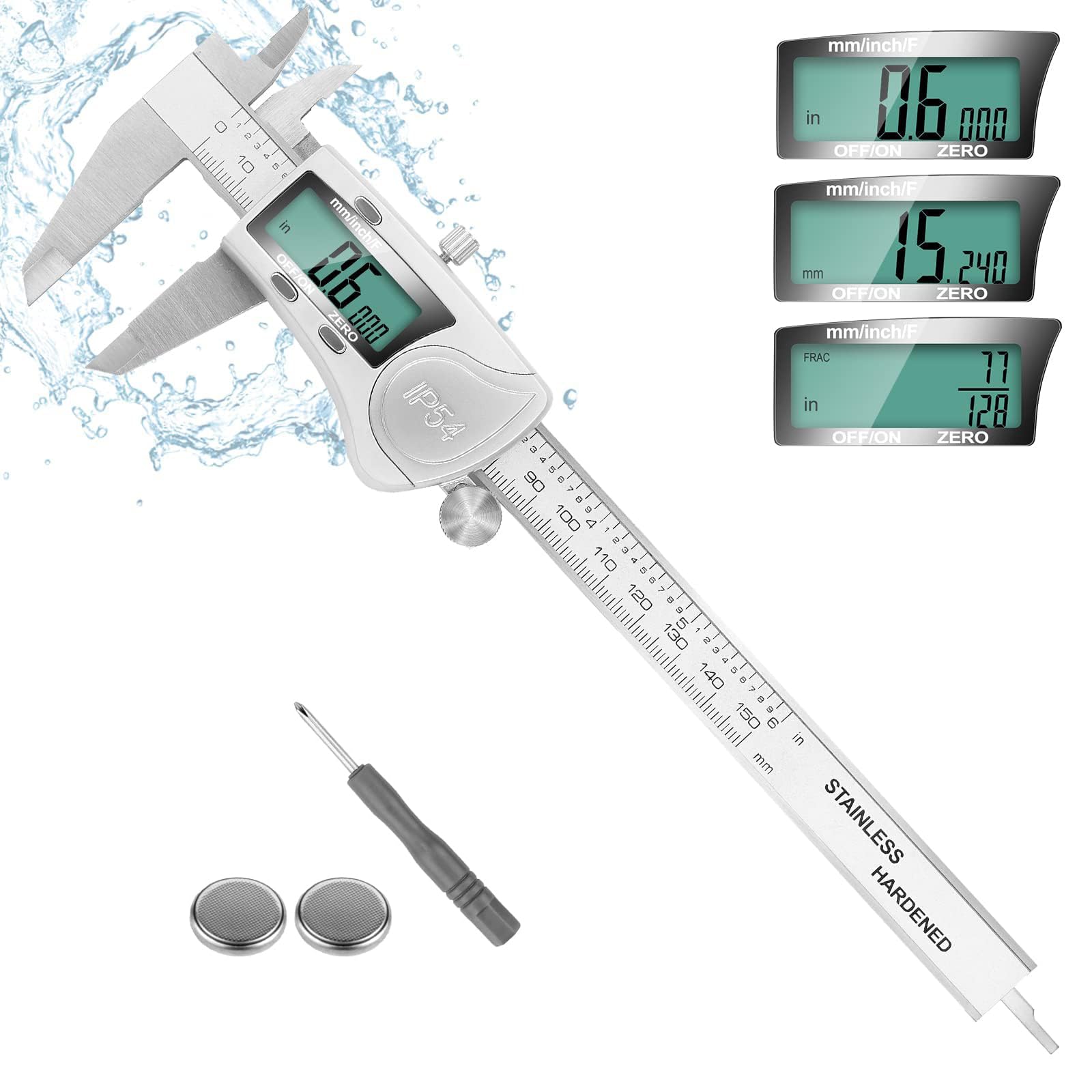Excefore Digital Caliper, Calipers 6 Inch Measuring Tool with Stainless Steel, IP54 Splash Proof Protection Design, Easy Switch from Inch to Millimeter, Large Screen
