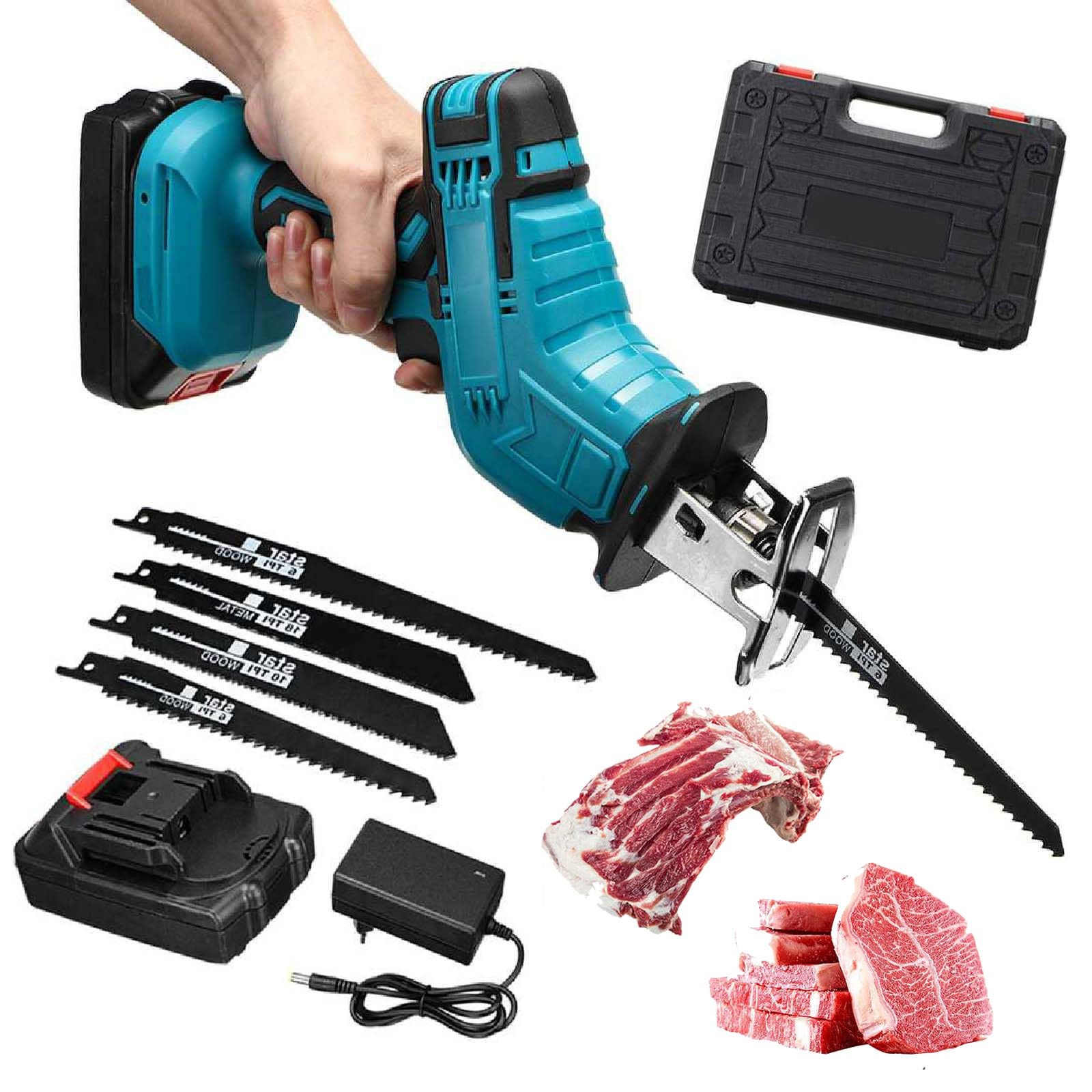 Sega Elettrica per Ossa, Seghe Alternative per Carne Senza Fili, Potente Kit Sega Manuale, Luce LED + Scatola Portaoggetti, Motore Brushless, per Taglio di Legno E Metallo,21v