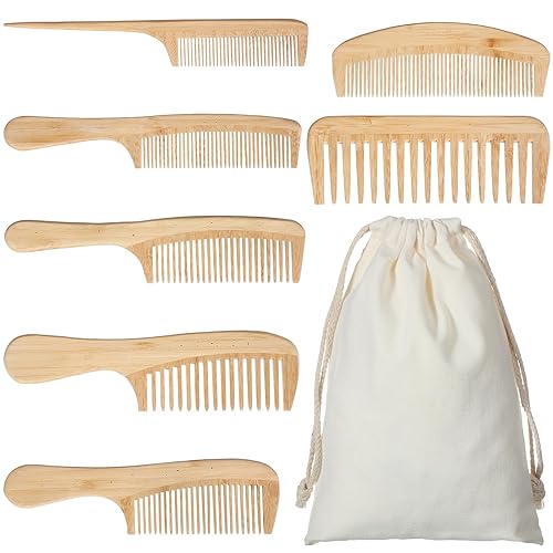 Honeydak Juego de 7 peines de bambú naturales hechos a mano, antiestáticos, cola de rata, peines de dientes finos diseñados para desenredar cabello