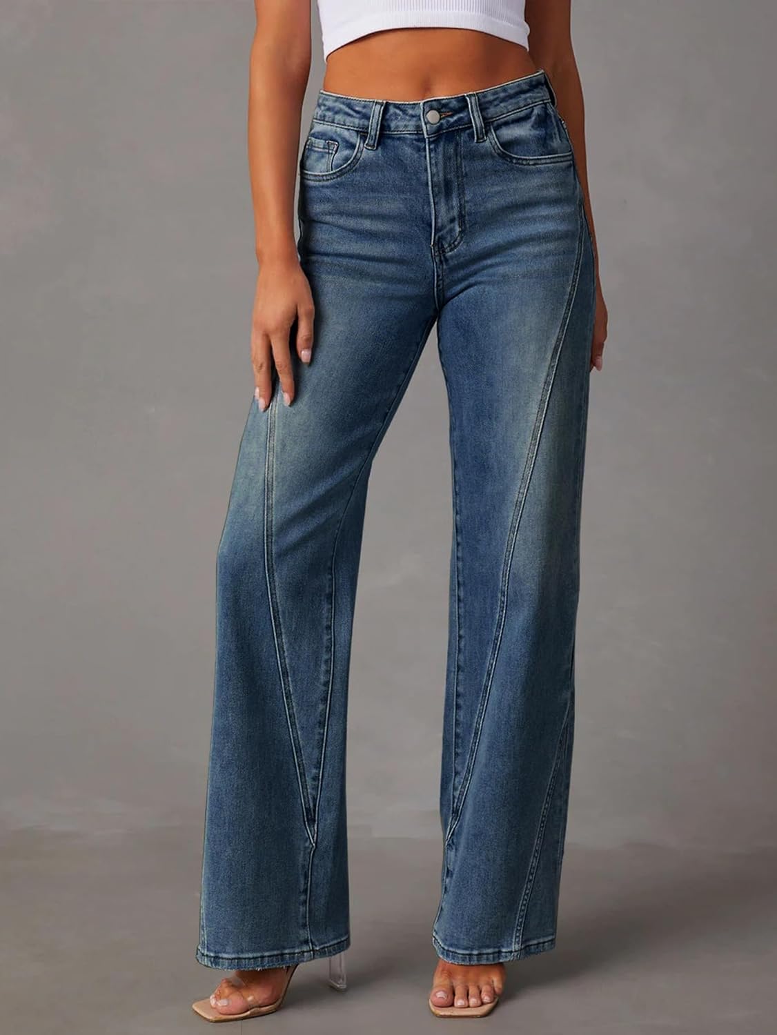 JOKELAMB Womens Wide Leg Jeans Mid High Waisted Baggy Straight Leg Stretchy Denim Pants Seamed Long Trousers, Denim Blue, Medium - Image 3