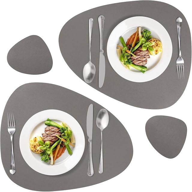 VIVILINEN PVC Leather Placemat and Coaster Sets, Wipeable Washable Table Placemat Heat Resistant for Kitchen Restaurant Dinner Home Decor, Set of 2, 42 x 32cm, Dark Gray