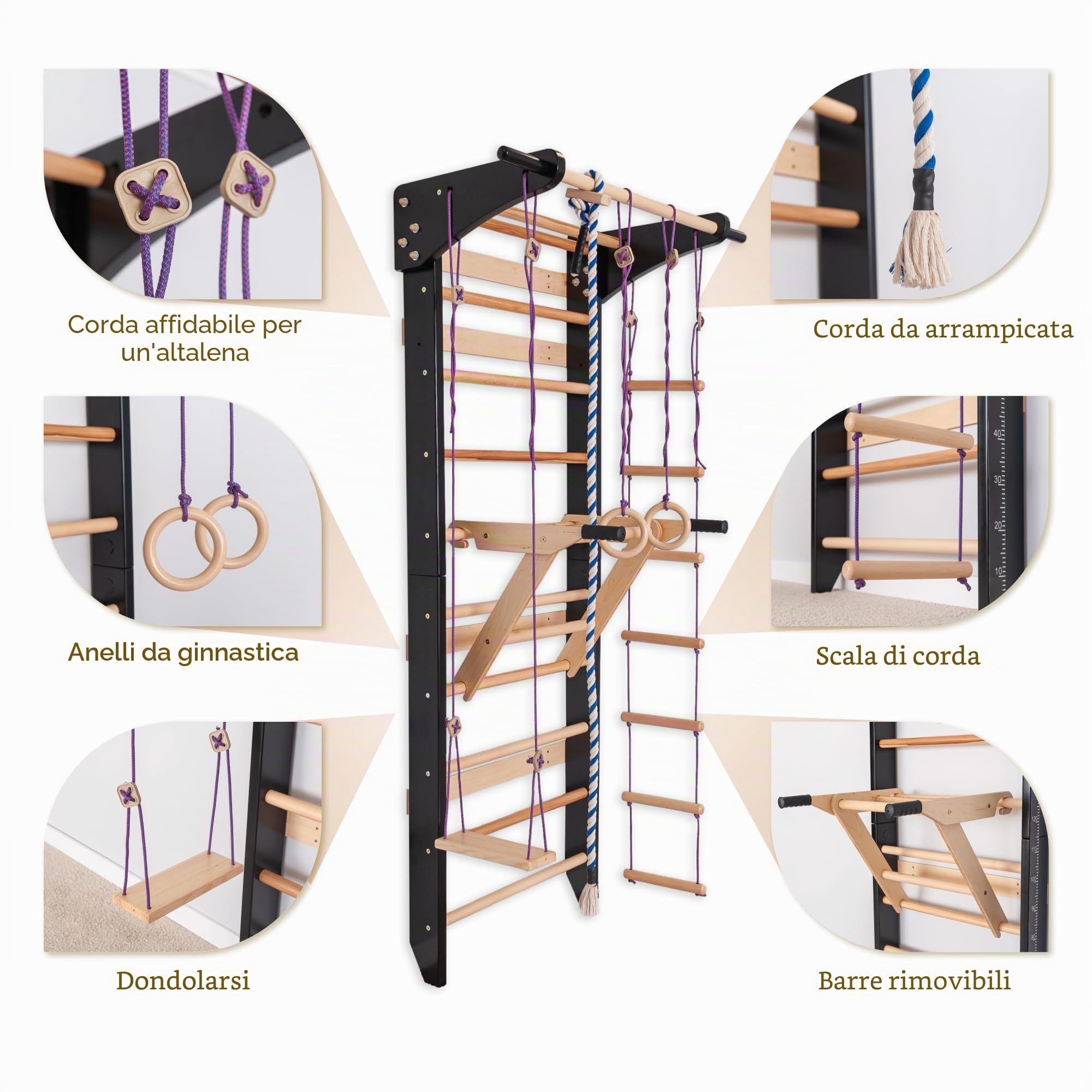 Scala svedese nera con barre parallele per bambini e adulti - Parete da arrampicata in legno, attrezzatura fitness multifunzione con tetto, anelli, scala, altalena e prese per dip strette