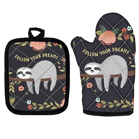 WELLFLYHOM Kitchen Oven Mitts and Pot Holders Sets Cute Sloth Floral Pattern, Set of 2 High Heat Resistant, Heavy Duty, Non-Slip Cooking Gloves and Hot Pads for Baking Grilling Black