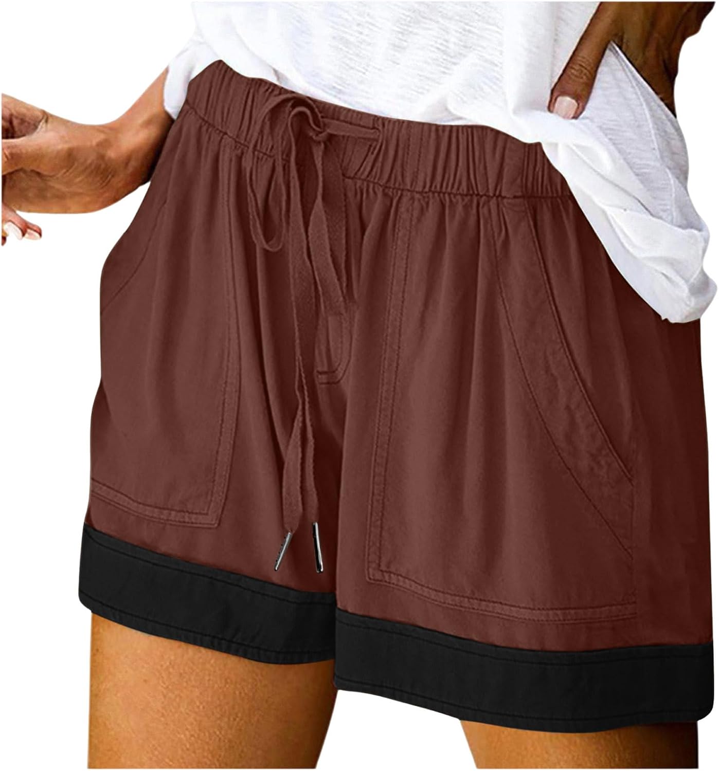Womens Elastic Waist Drawstring Shorts Summer Lightweight Beach Shorts Comfy Casual Color Block Short with Pocket