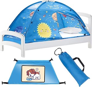 Solar System for Kids Bed Tent Twin Size Mattress - Perfect Outer Space Themed Bedroom Decor - Privacy Pop Up Space Tent has Planet Earth, Rockets, Stars | Indoor Fort Childrens Play Tent Bunk Canopy