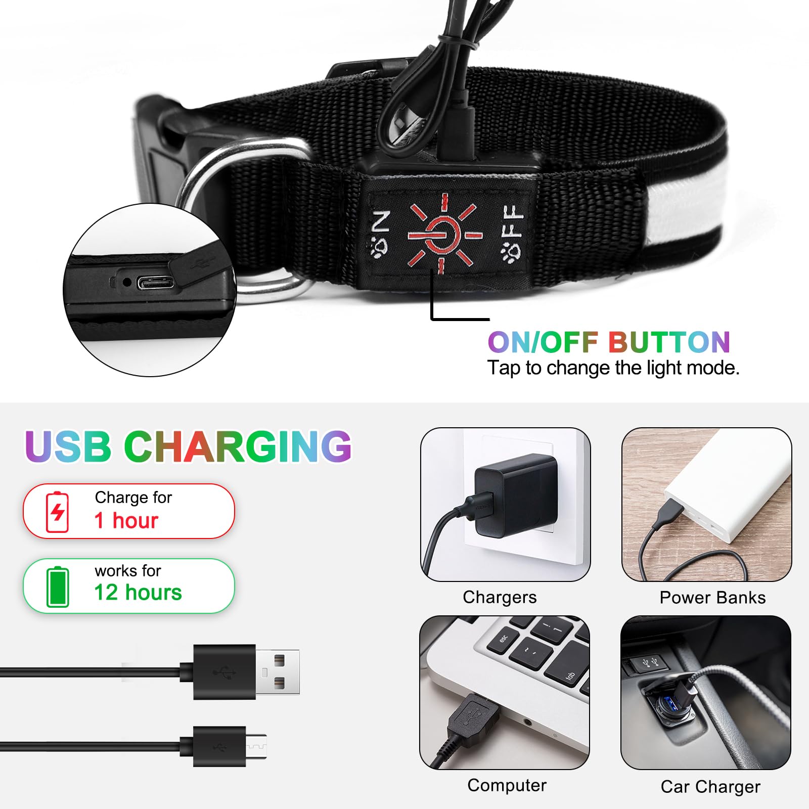 Nepfaivy Collare Luminoso per Cani Ricaricabile - Collare per Cani a Led con Lunghezza Regolabile, 3 Modalità di Illuminazione per la Sicurezza Notturna, Nero