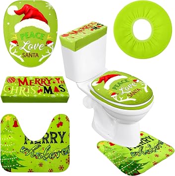 Duraaamo 4 Pcs Christmas Green Toilet Seat Cover Set Whimsical Christmas Bathroom Decorations Green Accessories Set for Bathroom Decor