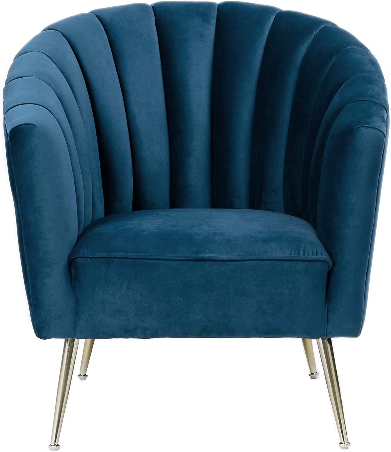 Manhattan Comfort Rosemont Velvet Accent Armchair, Scalloped Chair with Mid-Century Modern Shell-Style with Wraparound Back, Vertical Channeling, Ideal for Living Room Use, Set of 1, Blue
