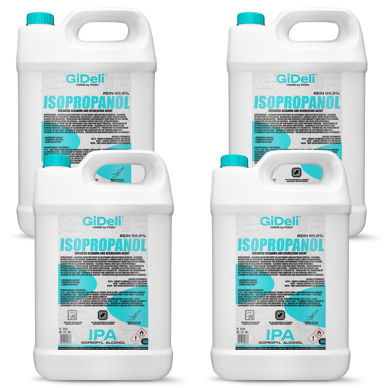 GiDeli Isopropanolo 99,9% 20 litri di alcool isopropilico ad alta percentuale di alcool per pulizia di componenti elettronici, lenti e schermi, pulizia di resine con stampa 3D