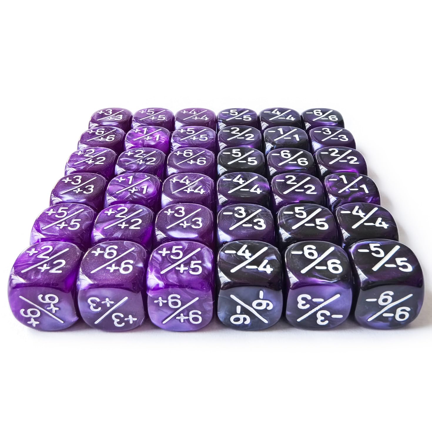 Set di 36 contatori per dadi positivi e negativi da 12 mm in marmo viola e nero Gemelli, dadi a gettone piccolo compatibili MTG, CCG, giochi di carte